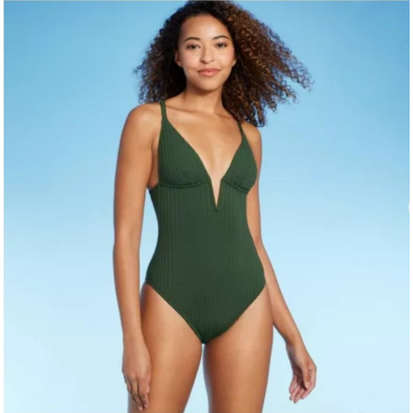 Ribbed Plunge Front V-Wire One Piece Swimsuit L Hunter Green Shade & Shore Beach - Picture 1 of 16